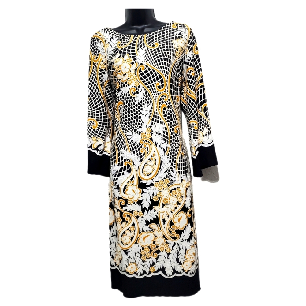 Shelby & Palmer Black White and Gold Paisley Print Long Sleeve Dress